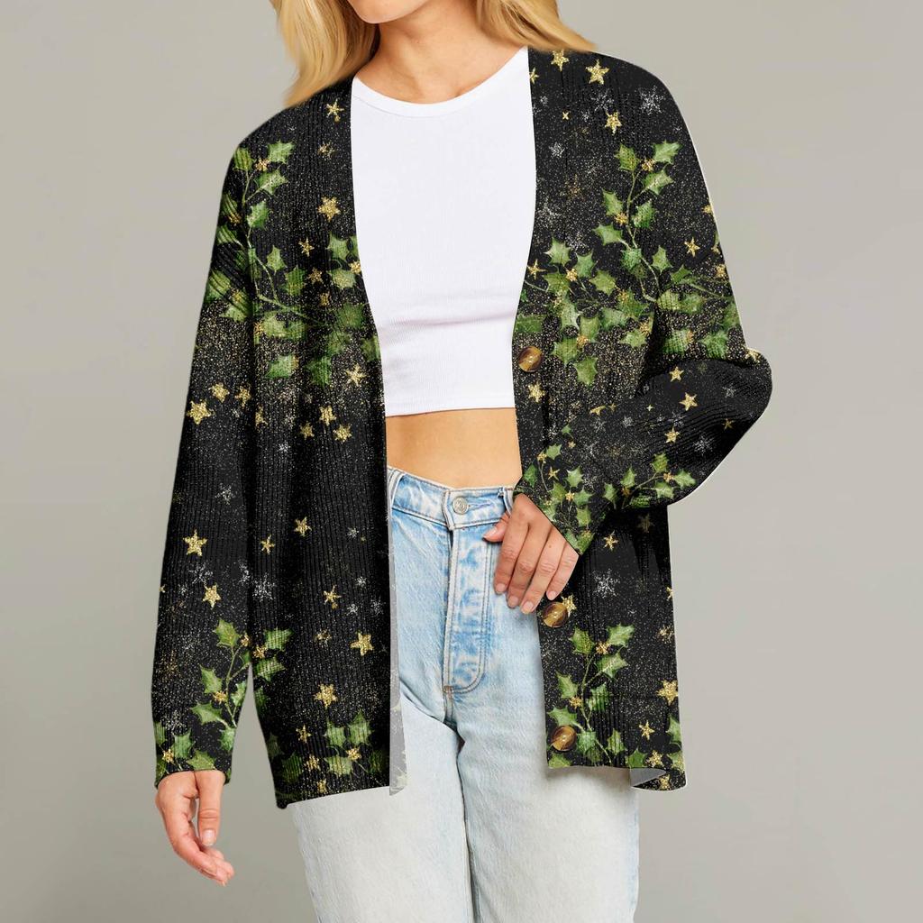 Women's Fashion Long Sleeve Christmas Print V-Neck Button Loose Cardigan Top