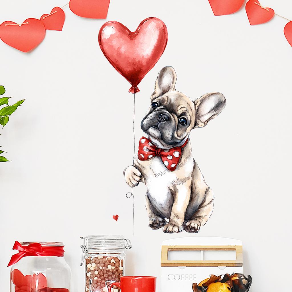 Aquarell Valentinstag Hund mit Ballons Wandaufkleber Selbstklebend Abnehmbar für Schlafzimmer Wohnzimmer Eingangsbereich Heimdekoration