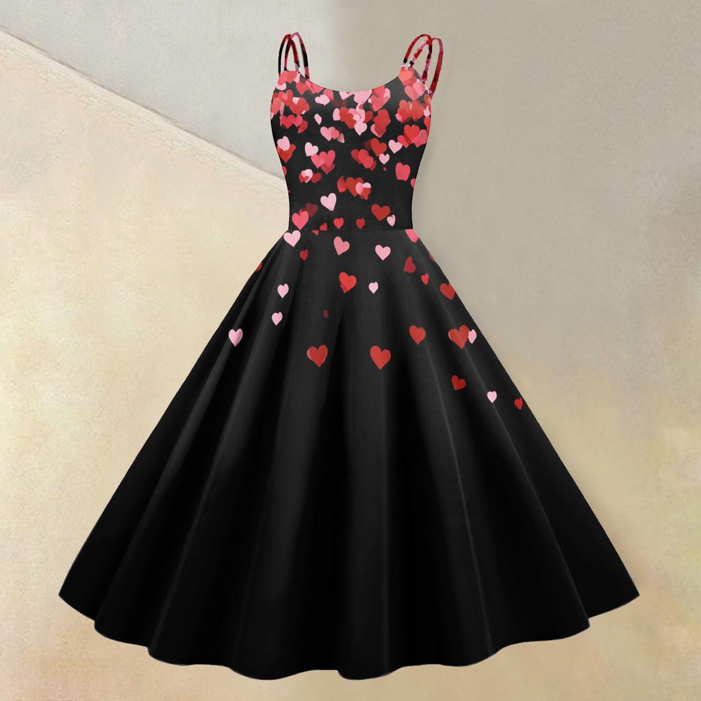 Damen-Kleid mit Valentinstag-Liebesherz-Print, sexy, schulterfrei, Vintage-Kleid
