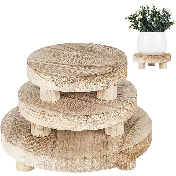 AHANDMAKER 3Pcs Round Wood Risers for Decor Display Base Riser Stand Wood Pedestal Rustic Farmhouse Riser for Home Kitchen (Almond Color, 8/6/5 Inch)