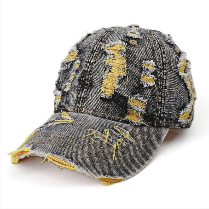 

Vintage Washed Denim Ripped Color Block Baseball Cap Fashion Distressed Sun Hat For Men Women жовтий