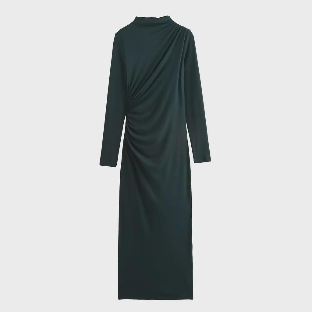 European & American Style Pleated Long Sleeve Slim Dress with Stand-Up Collar for Autumn & Winter - Women's Collection.
