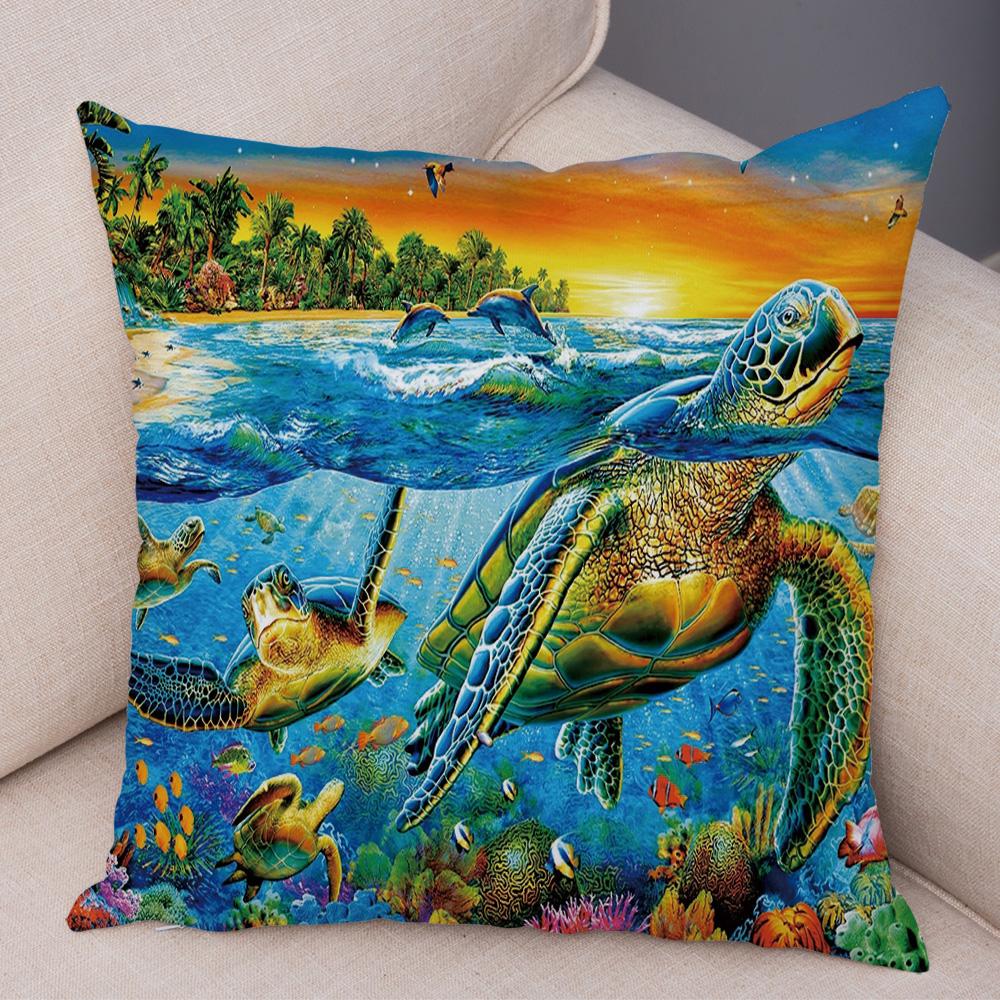 Marine Turtle Dolphins Shark Cushion Cover Short Plush Decor Colorful Ocean Animal Pillowcase Pillow Case for Sofa Home Car