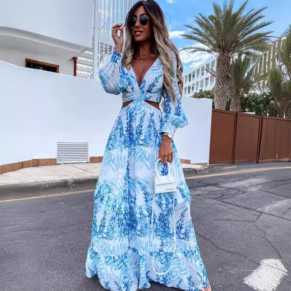 Spring Long Dress Fashion Print Sexy Deep V-neck Long Sleeved Dress Women's Elegant Hollow Out Ruffle Spliced Maxi Dress
