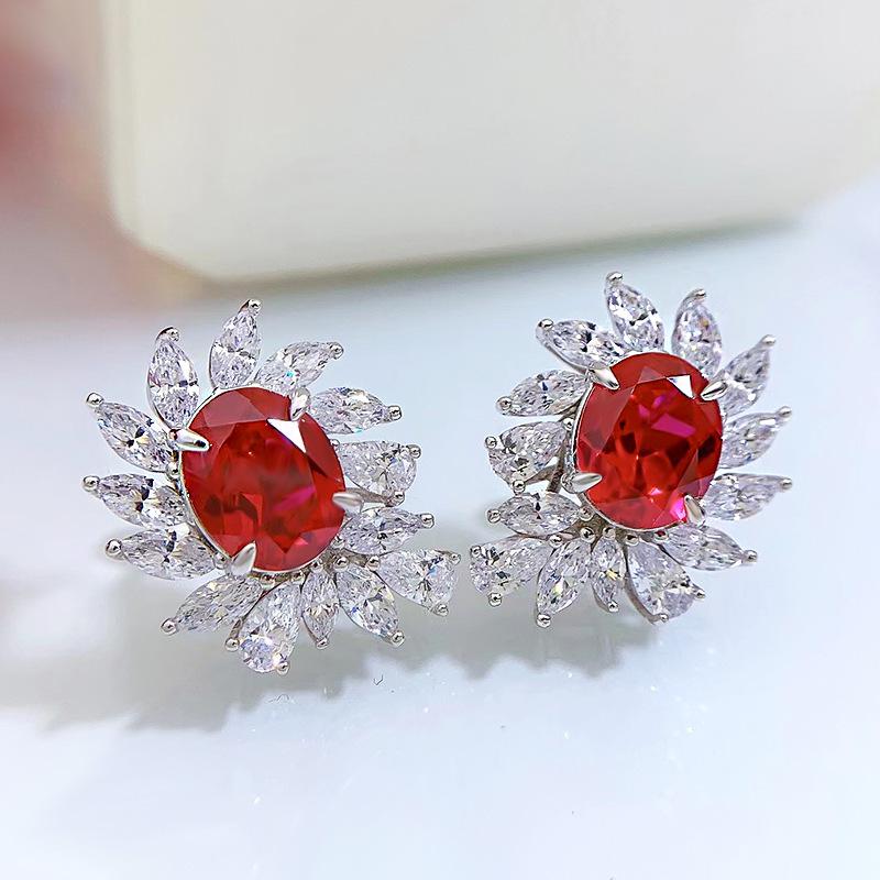 Hui Zhi Yi Jewelry 2023: Silver Light Luxury Pigeon Blood Red Earrings with 8x10mm High Carbon Diamond