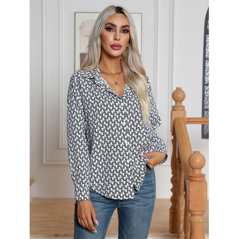 Chemisier à manches longues et col polo pour femme, imprimé géométrique, décontracté, mode patchwork, boutons, cardigan assorti, printemps-automne