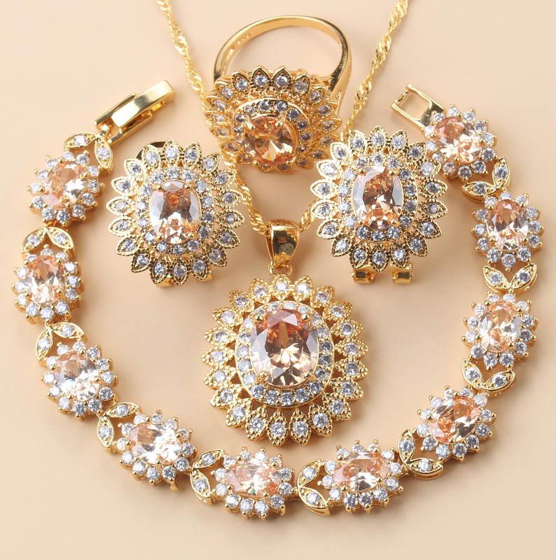 African Wedding Necklace Big Sunflowe Jewelry Sets  Gold Plated Luxury Woman Earrings Charm Bracelet And Ring Bridal Costume