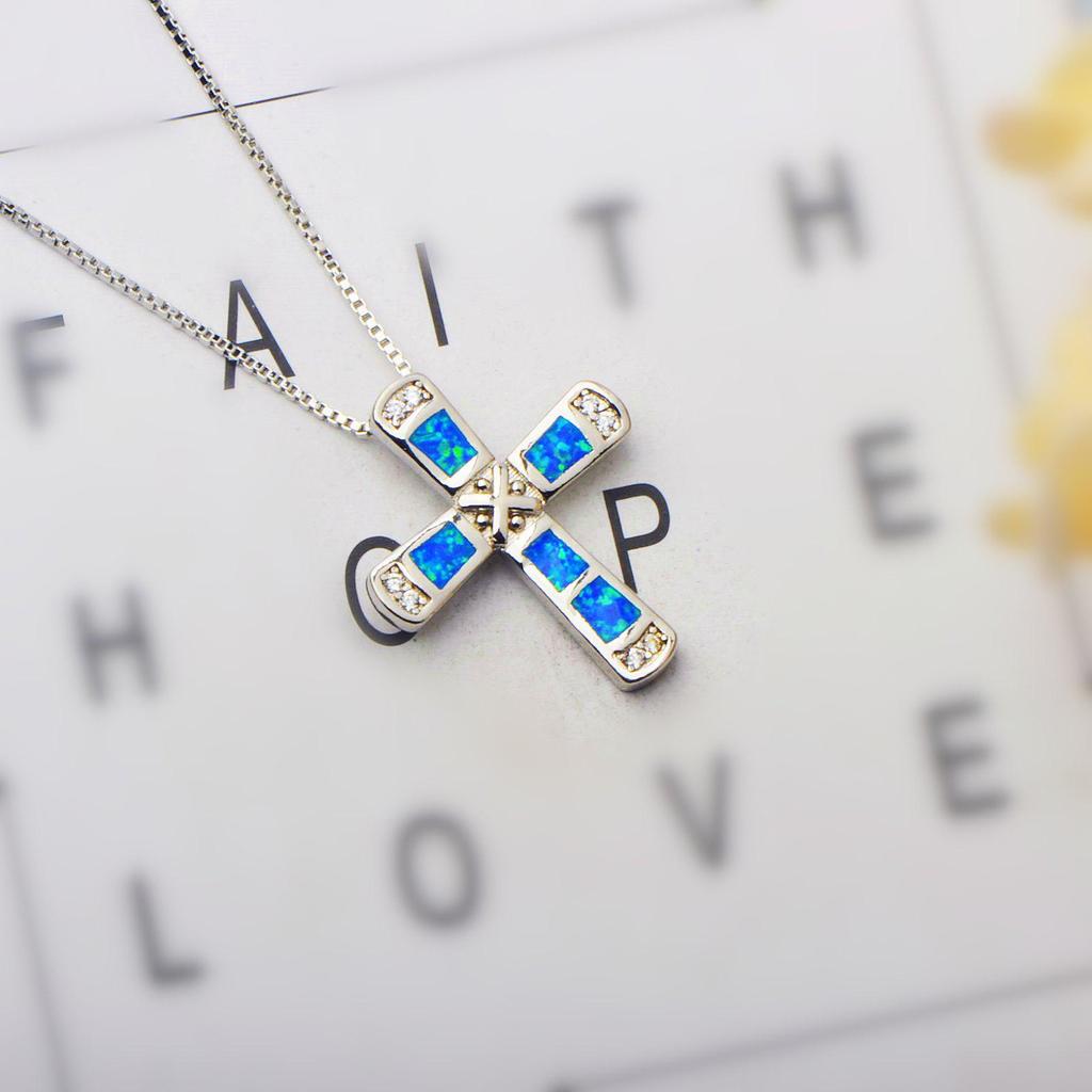 Fashionable Women's Blue Opal Cross Pendant Clavicle Necklace for Spring and Summer