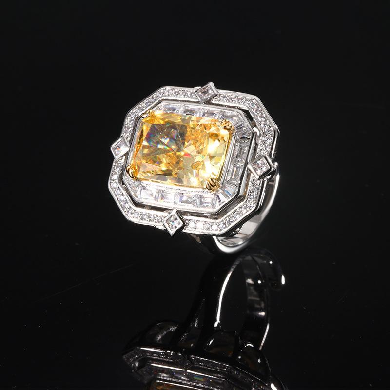 Copper Bottom Gold-Plated High Carbon Diamond Ice Flower Square Diamond Copper Setting Temperament Light Luxury Square Diamond Ring Women 10 * 14