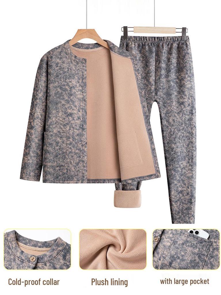 Fleece-Lined Warm Underwear Set for Middle-Aged and Elderly Women - Autumn/Winter Style