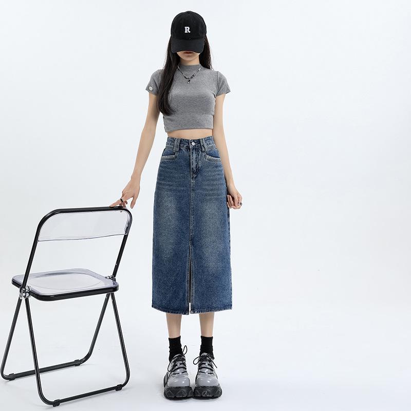 Plus Size High Waist Denim Midi Skirt - Summer Retro A-line Slit Design
