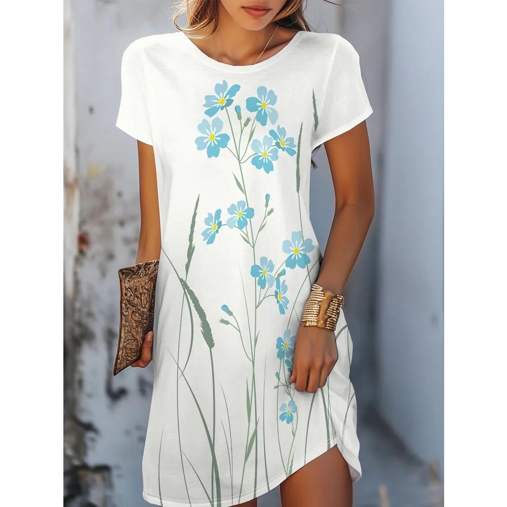 Blumen Retro Muster Damen Minikleider Sommer Kurzarm Bedruckt Große Größen Lässig Bequem Weiches Kleid