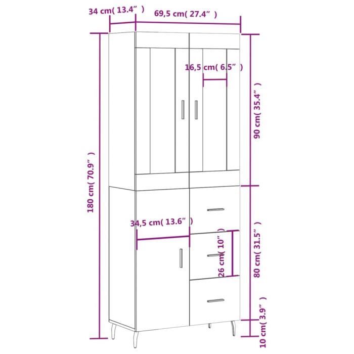 VidaXL Buffet haut Blanc 69,5x34x180 cm Bois d'ingénierie 3199825