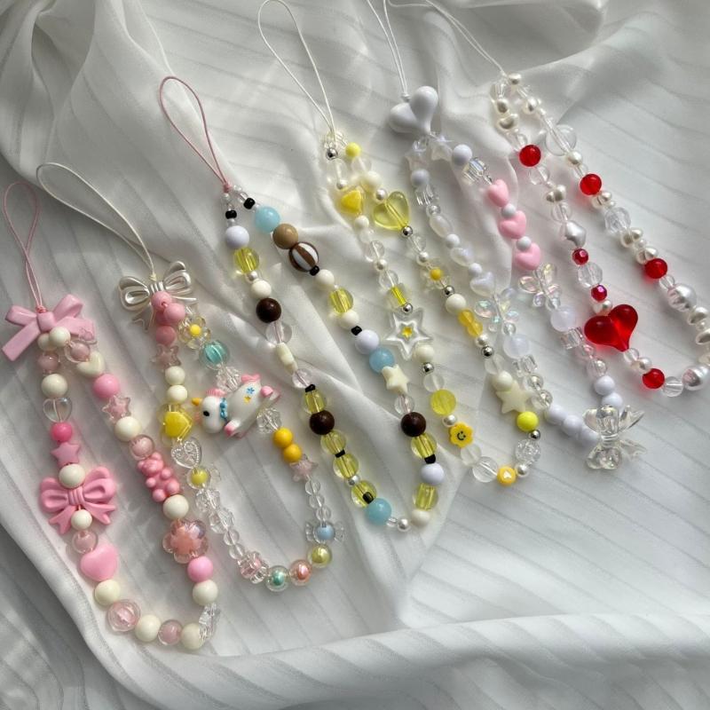 Bowknot Phone Lanyard Short Female Cute Peach Heart Colored Beaded Phone Shell Pendant Accessories Package Decoration