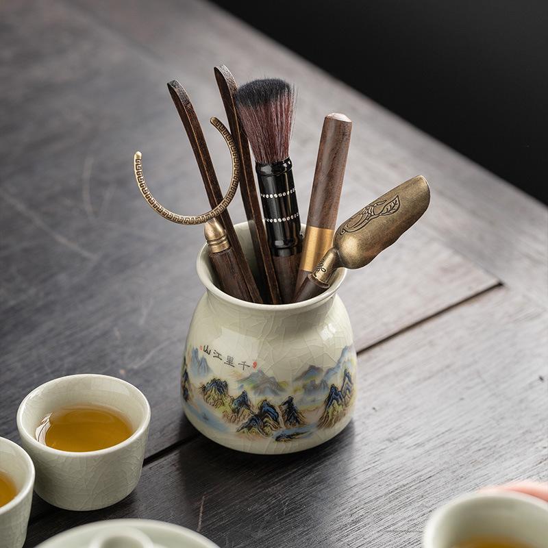 Ru Kiln Tea Black Sandalwood Solid Wood Tea Clip Teaspoon Tea Needle Brush Tea Set Accessories Complete Set of High-end Thousands of Miles of Country