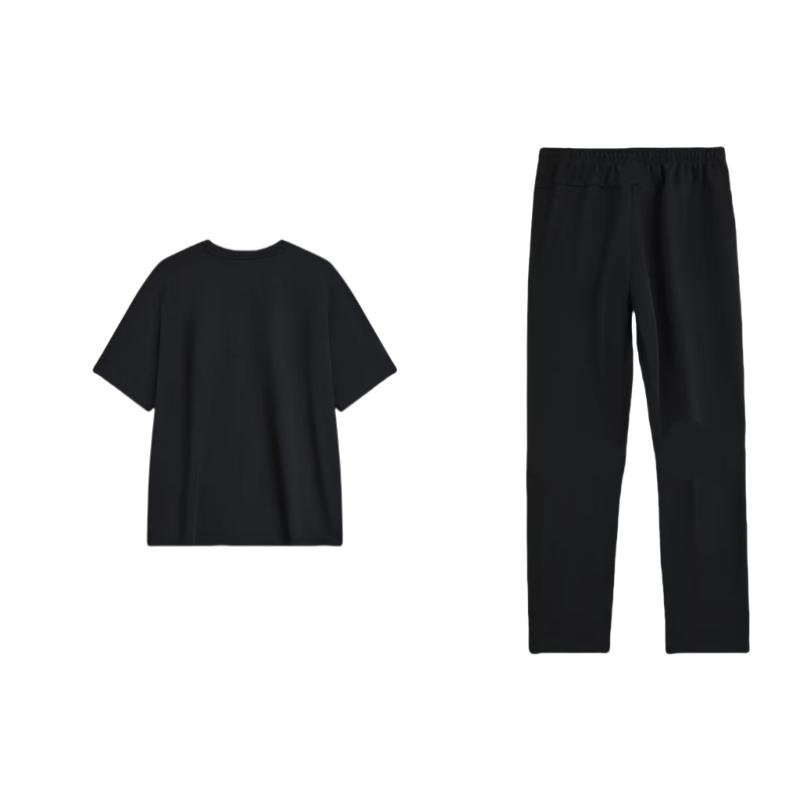 Li-Ning Letter Print Round Neck Soft Comfortable Knitted Short Sleeve Loose Elastic Waist Straight Leg Pants Casual Sports Suit AHSU695-9+AYKT413-1