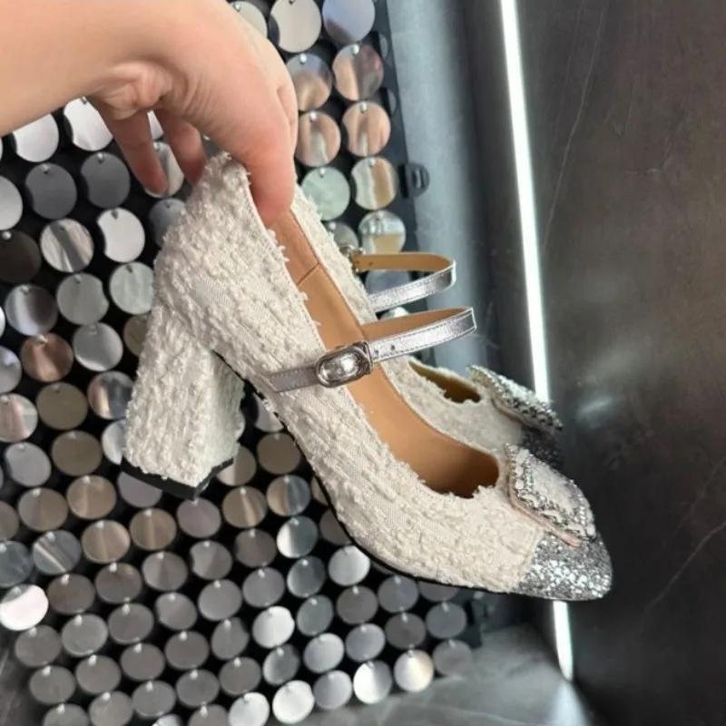 Xiaoxiangfeng High Heels für Damen 2025 Herbst Neu Pailletten mit Flachem Ausschnitt Pailletten Blockabsatz Mary Jane Einzelne Schuhe Quadratische Zehen