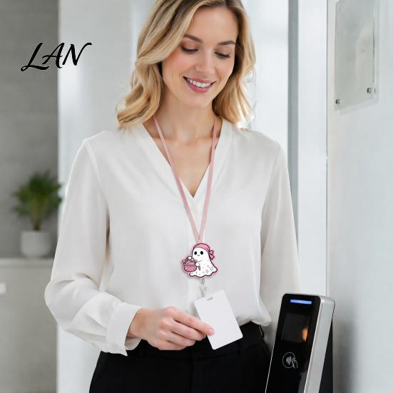 Lightweight Retractable Badge Holder Halloween Ghost Reel, Glitter Acrylic Clip, Cute Pink Smooth Cord Reel ID Name for Women Nurse Teacher