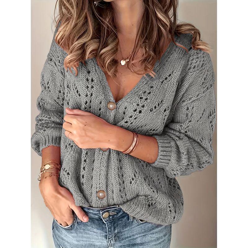 

Solid Color Hollow V-neck Knited Sweater Solid Hollow out V-neck Knit GRAY L(L)