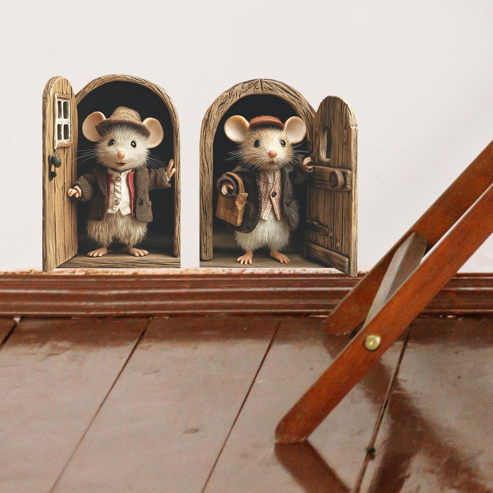 Cartoon Rat In Suit Opening Door Baseboard Sticker for Home Decor Self-Adhesive Removable Decal