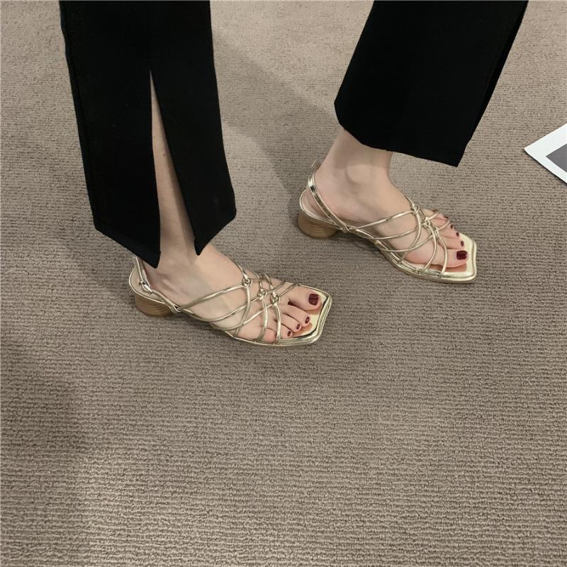 Fashion New Round Heel Sandals for Women Fashion Leather Square Head Cross Thin Belt Set Foot Anti-slip and Wear Heel Shoes