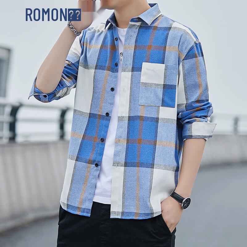 ROMON Men s Casual Wrinkle-Free Brushed Long-Sleeve Plaid Shirt 4XL