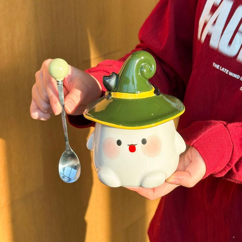 Halloween cute ghost cup girl ceramic mug with lid spoon office couple coffee cup souvenir