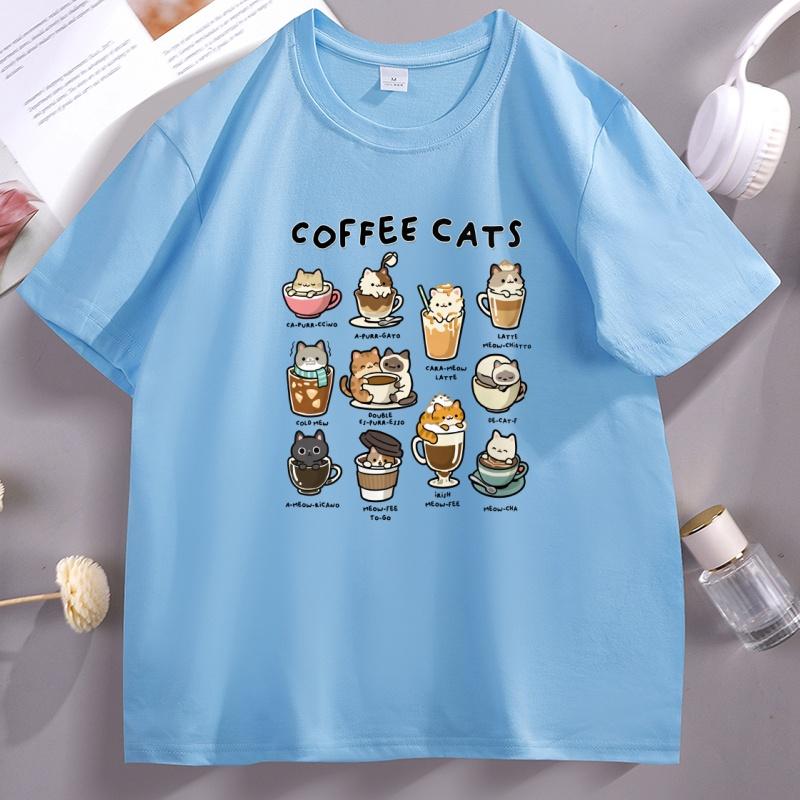Coffee Cats T Shirt Funny Kawaii Cats Cotton Short Sleeve Round Neck Printed Tshirts Printed Summer Tshirt Casual Loose