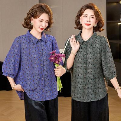 Floral Print Top for Middle-Aged and Elderly Women, Spring/Summer, 3/4 Sleeve, Loose Fit, Versatile, Elegant Shirt