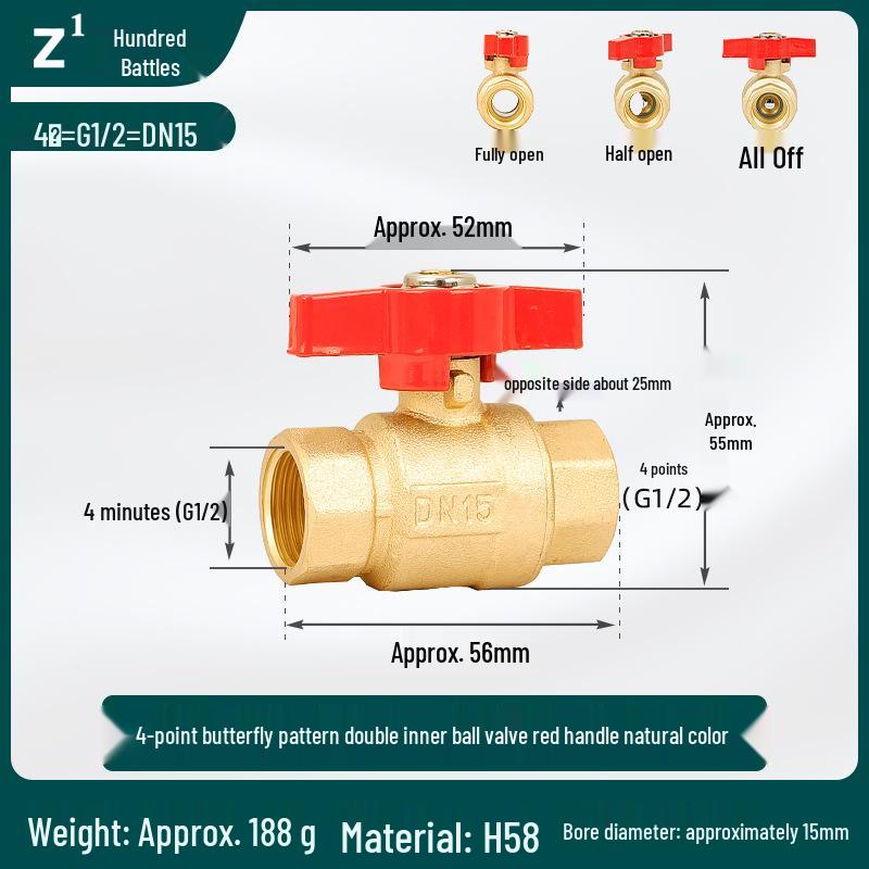 All-Copper Double Internal Thread Ball Valve for Water Heaters, Hot/Cold Tap, DN25, 4/6-Point, Straight Through, Thickened.