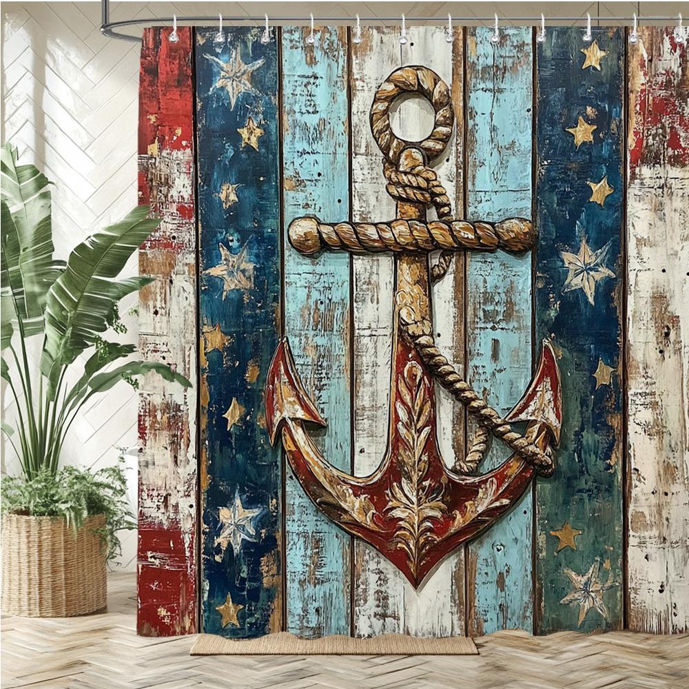 Retro Nautical Anchor Style Printed Fabric Shower Curtain, Ocean Navigation Style Bathroom Curtain Decoration, With Hooks