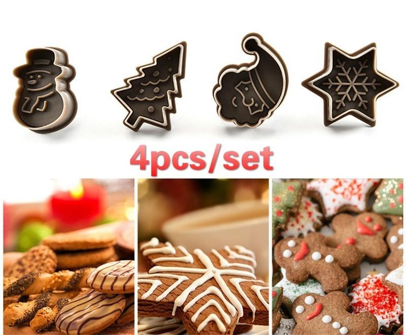 4 Stück Kunststoff-Plätzchen-Backformen, Schneemann/Schneeflocke/Weihnachtsbaum, Weihnachtsmann-Muster, Backformen