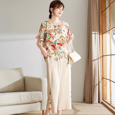 Women's Summer Western Style Blouse, Short-sleeved Floral Blouse, Cropped Wide-leg Pants Suit