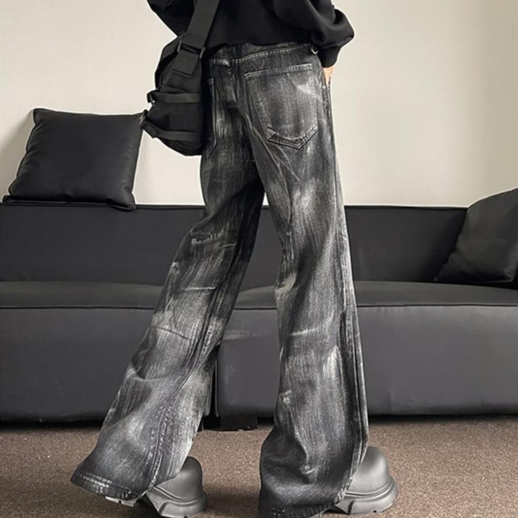 American washed retro tie-dye black jeans men's trendy brand zipper decoration European and American high street loose and thin trousers
