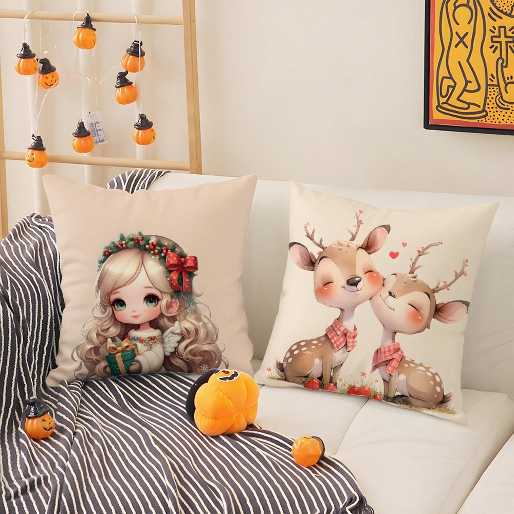 Christmas Cute Family Decorations Pillow Case Silky Short Plush With Invisible Zipper Dustproof Sofa Cushion Cover