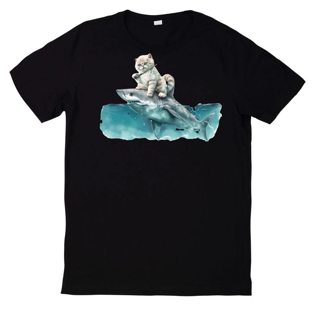 T-Shirt Niedliches Katzenfischen auf Hai