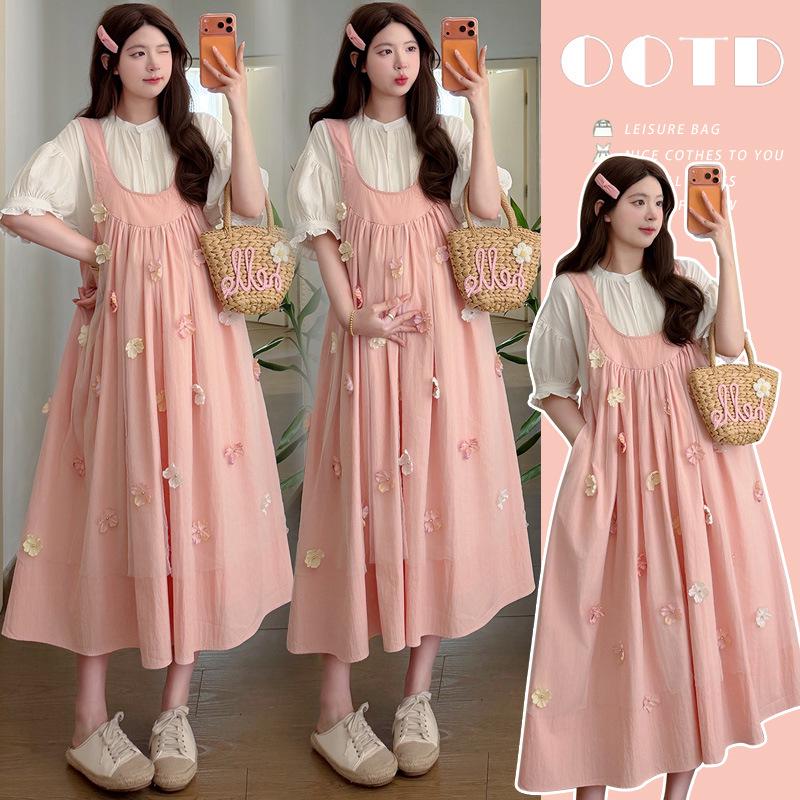 2026 Summer Maternity Two-Piece Set: Short-Sleeve Shirt + Floral Loose Overalls M