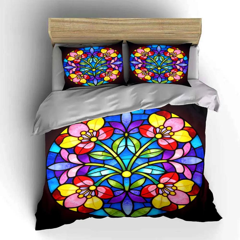 Colorful Floral Glass Art Set Soft Comfortable Duvet Cover Bedding Set Included 1*Duvet Cover & 2*Pillowcases gift