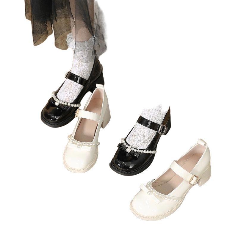 High-heeled Mary Jane Women's Shoes New Small Thick-soled Small Leather Shoes with Skirt Bow Pearl Single Shoes