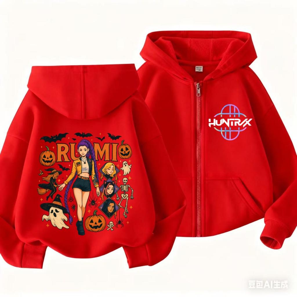 KPop Demon Hunters Zipper Hoodie Cartoon Girls Coat Fashion Thin Clothes Purple Autumn Halloween style Hoodie Jacket Kids Anime Sweatshirt Gift