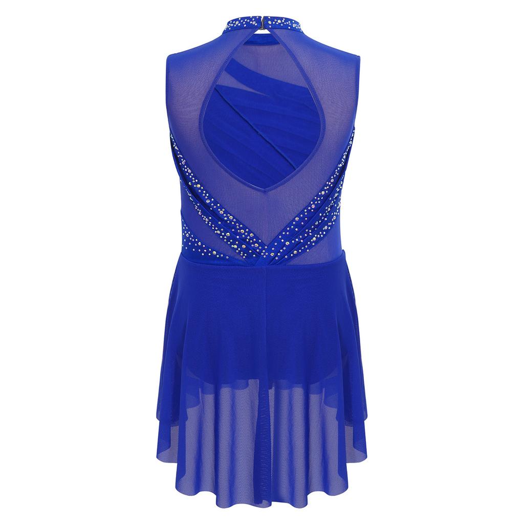 Barnklänning för dans, ärmlös, med genomskinligt nät och strass, öppen rygg, rynkad, hög-låg fåll, kostym för lyrisk uppvisning