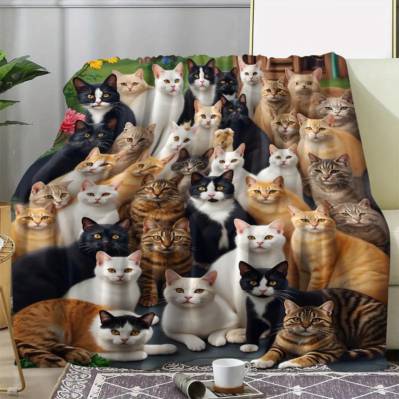 Group Cats Flannel Throw Blanket Various Breeds Cat Portrait Floral Background Sofa Blanket