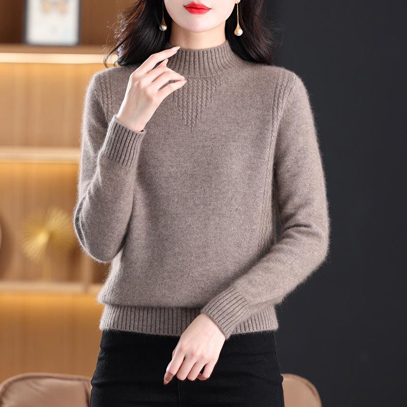 Women's Cashmere Wool Sweater - Autumn Winter, Warm Loose Fit, Half High Collar, Pure Color, Thickened Mother's Wear