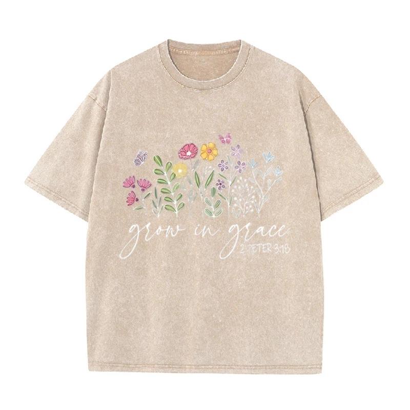 Retro Christian Faith T Shirt Grow In Grace Floral Washed Casual Short Sleeve S