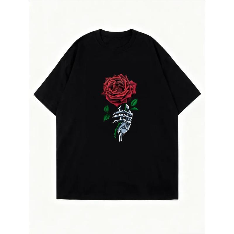 White T Shirt With Skeleton Hand Holding Red Rose Print For Casual Wear