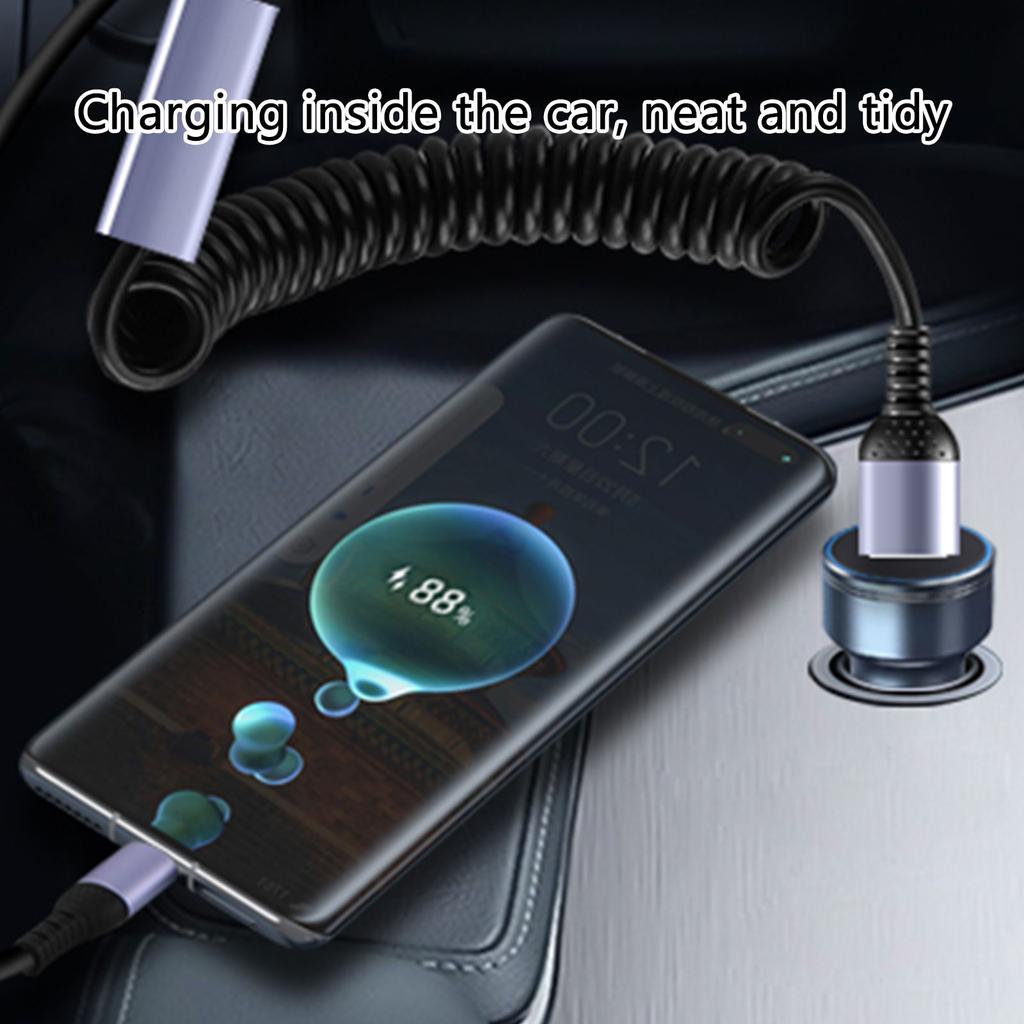 USB C Cable Dual Type C Car Charger Cable USB A to Type C Charging Coiled Cord Fast Cord for Phone Tablets 6A USB Type C