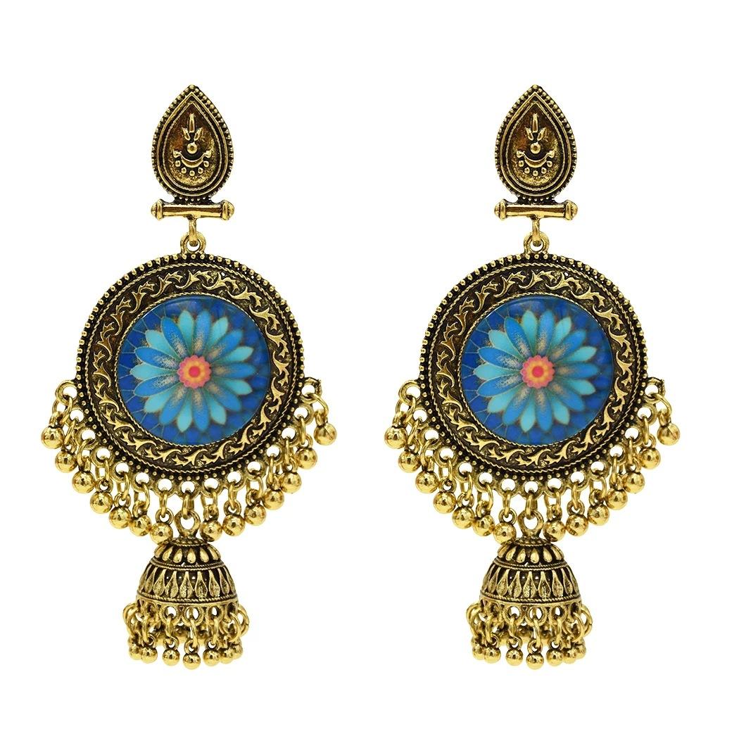 New Retro Bell Fringed Earrings, Bohemian Ethnic Style Exotic Travel Commemorative Earrings синий