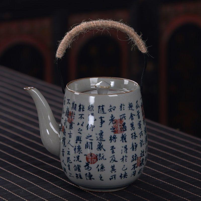 Jingdezhen Ceramic Teapot, Retro Household Tea Set Pot, Drinkware, Blue and White Porcelain Teaware, Pitcher, Ice Cracked Glazed