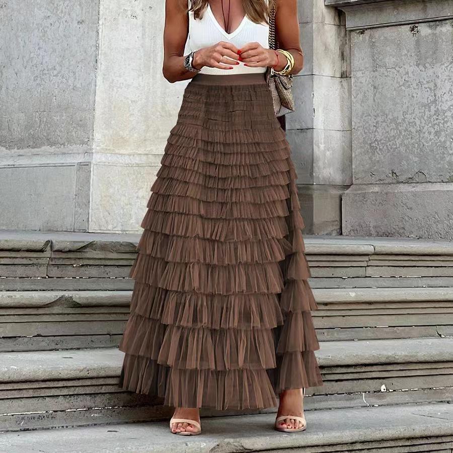 "Kadınların Zarif Sonbahar Fransız Yüksek Bel Uzun File Etek – Avrupa & Amerikan Tarzı Puf Kek Etek"