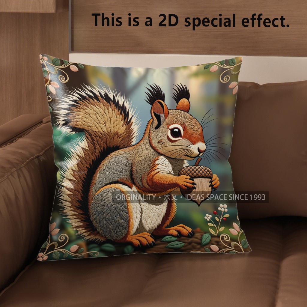 2D Cute Squirrels Holding Nuts Pillow Covers Pattern Cushion Cover Suitable For Sofa Bedroom Car Pillow Cover